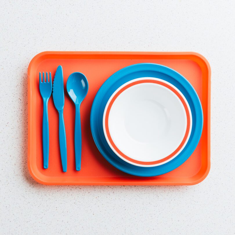 Orange Flat Serving Tray with Blue Dining Set