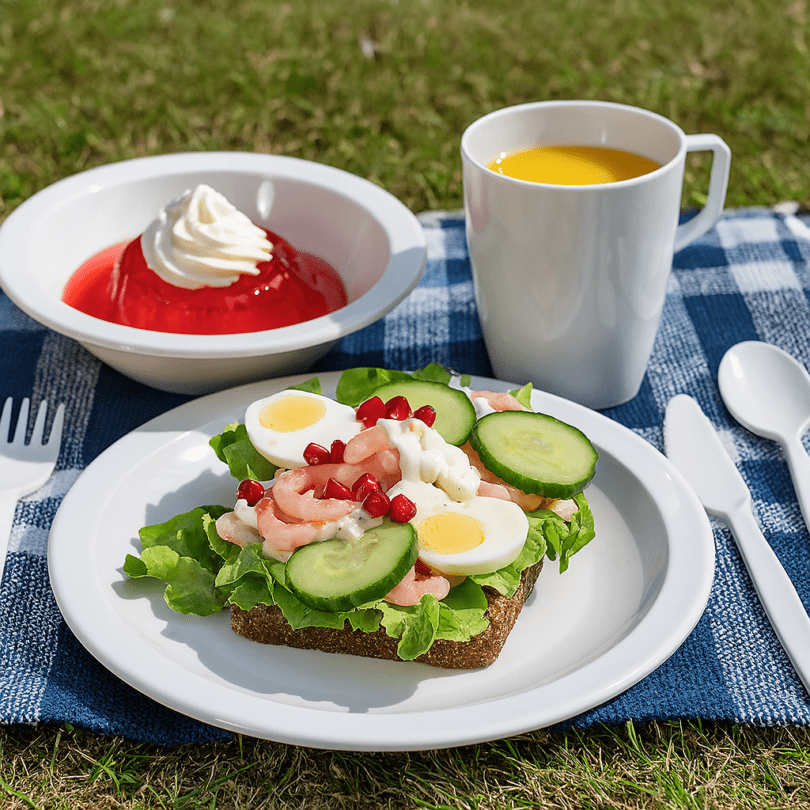 Sandwich and Jelly Dessert on White Camping Set in Picnic Setting