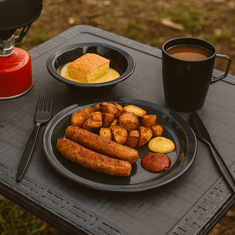 Sausages, Roast Potatoes and Dessert Served with Black Camping Set
