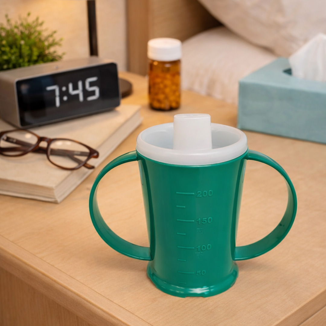 Green 2 handled beaker with narrow spout in care home
