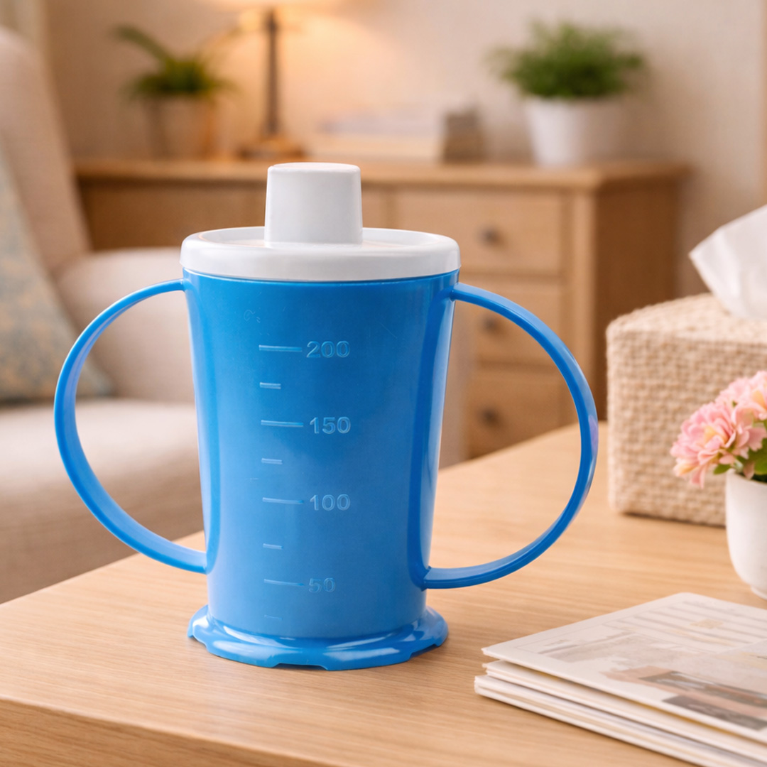 Blue beaker with spout in home setting