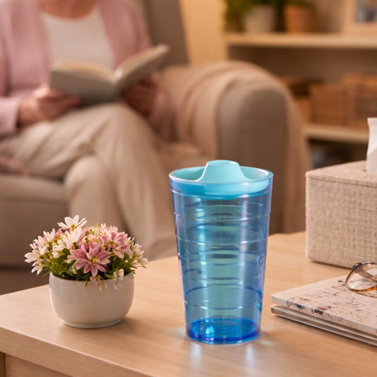 Graduated tumbler with spout in care home setting
