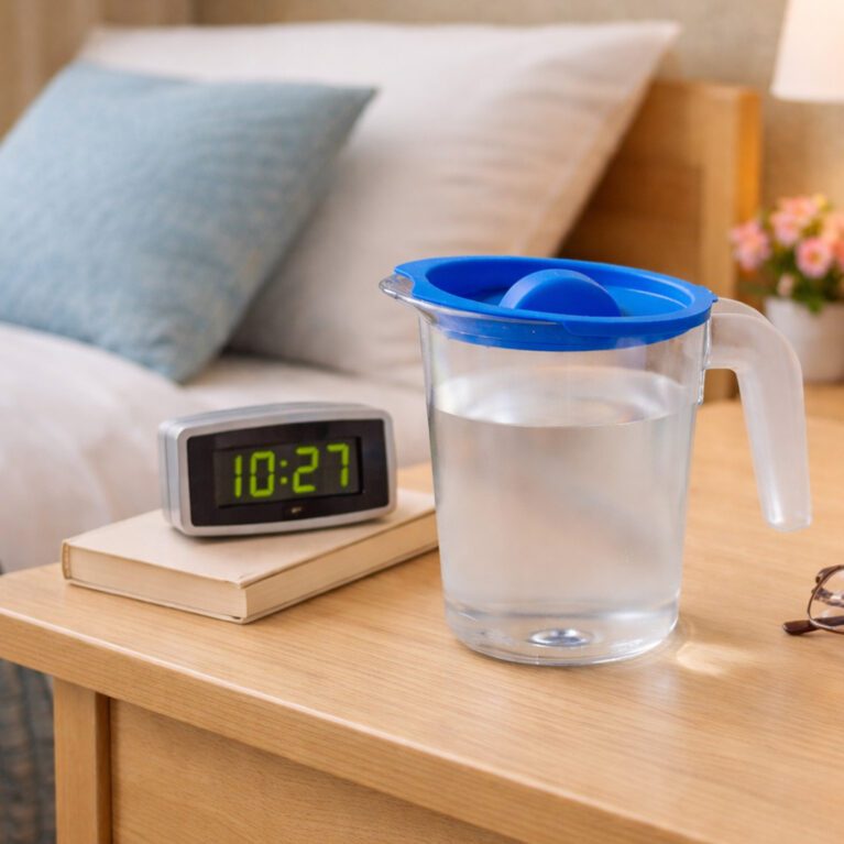 Clear 500ml jug & blue lid next to bed