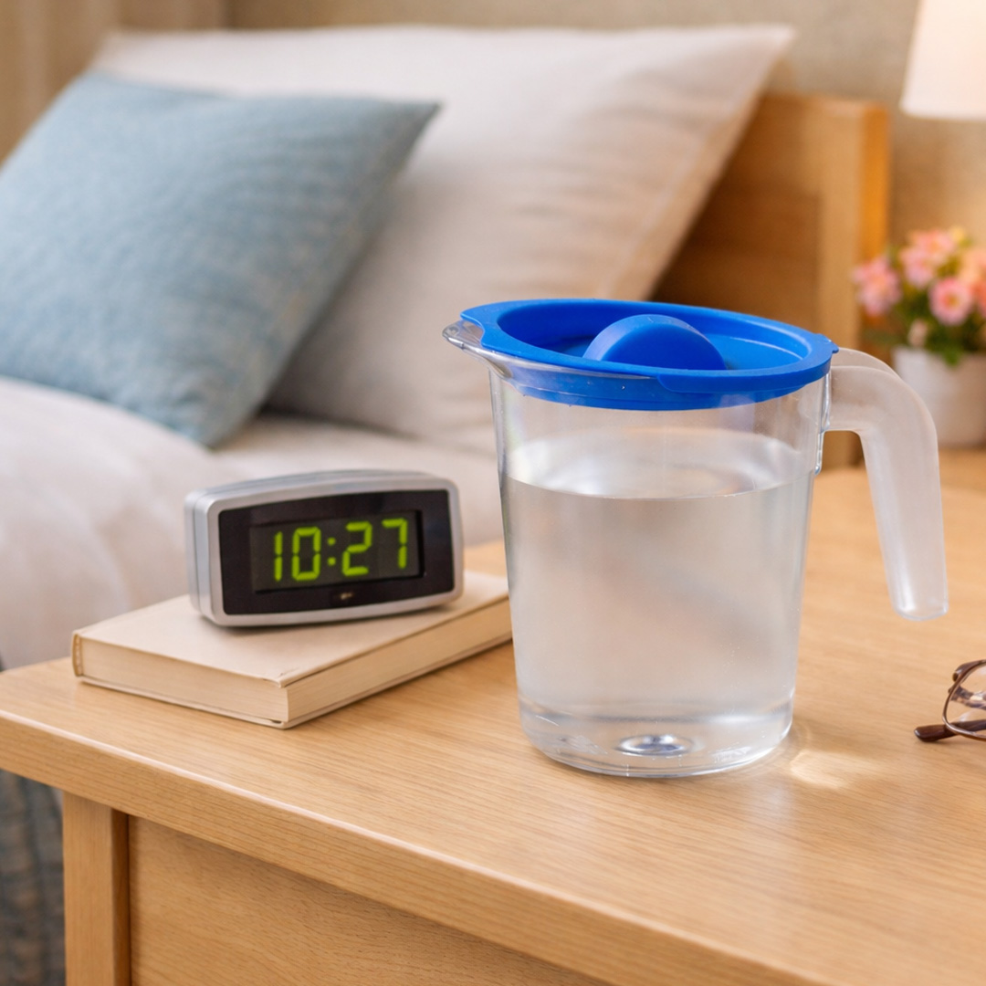Clear 500ml jug & blue lid next to bed