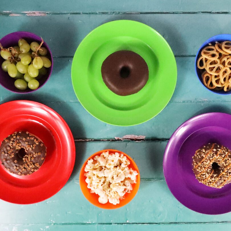 Reusable Rainbow Plastic Plates with Doughnuts