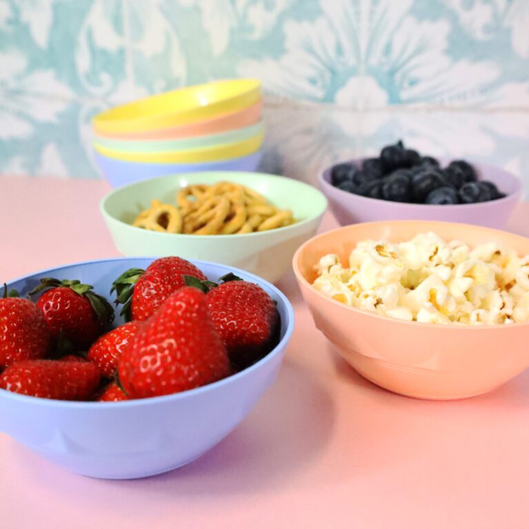 Children's Pastel Plastic Bowls with Fruit and Snacks