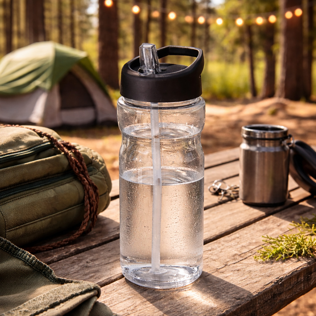 black water bottle with straw lid in camping setting