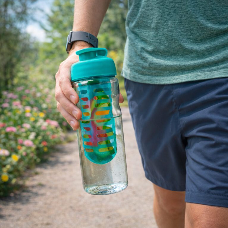 turquoise infuser water bottle in outdoor setting