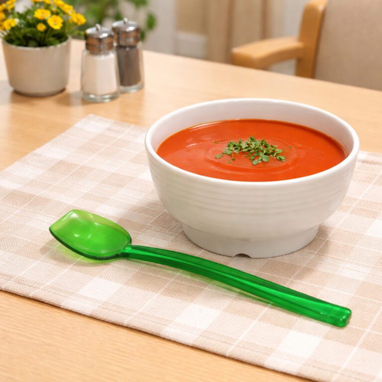 Green wide flat edge spoon with white bowl and soup on table