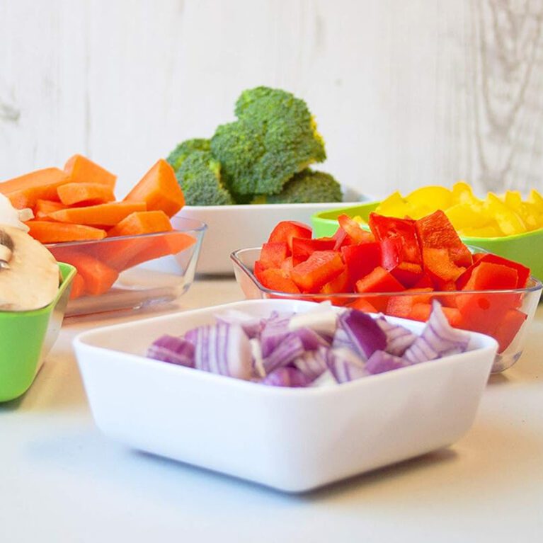 Square Ingredient Prep Bowls with selection of fresh vegetables