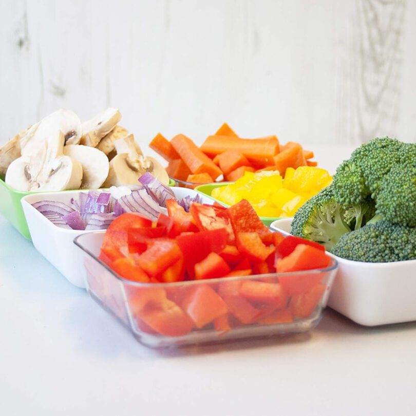 Portions of vegetables in Square Ingredient Prep Bowls