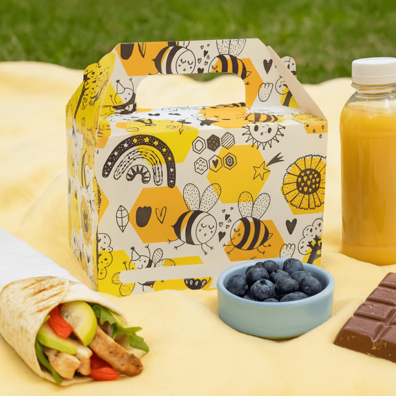 Bee Print Cardboard Lunch Box in Picnic Setting