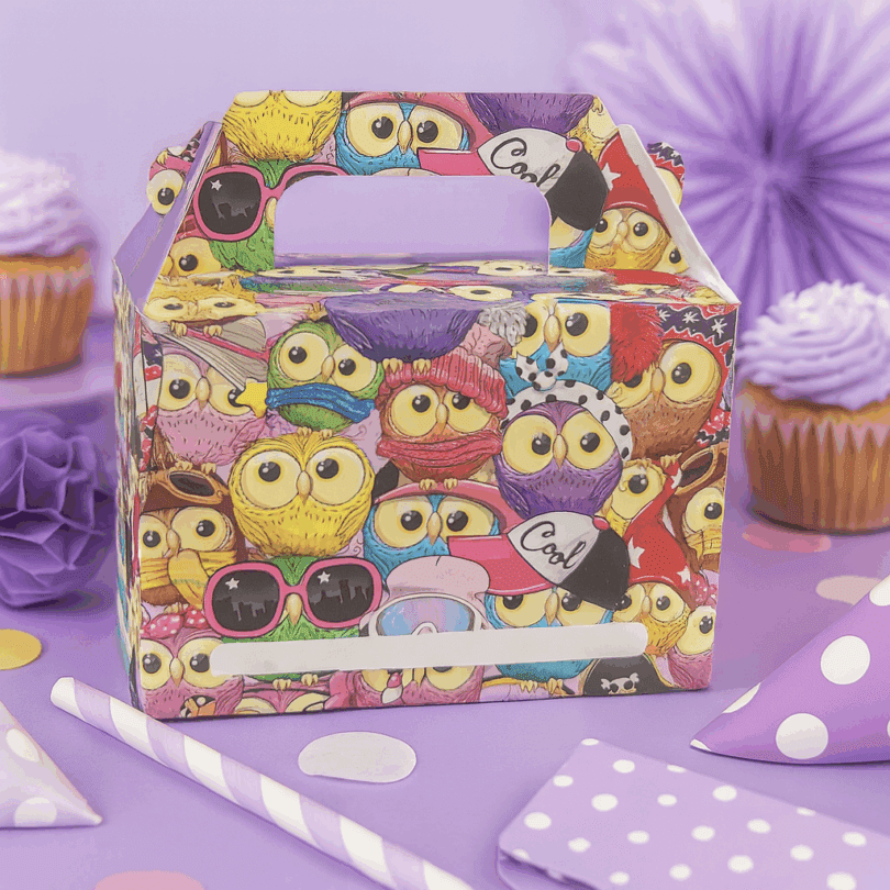 Owl Print Party Boxes in Purple Theme Setting