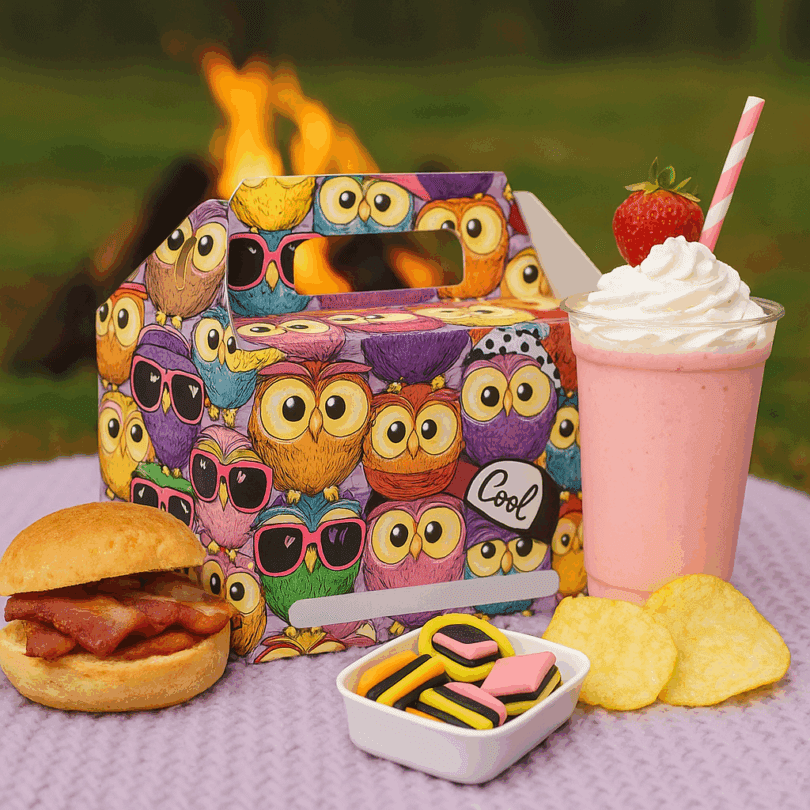 Owl Print Party Boxes in Camping Setting
