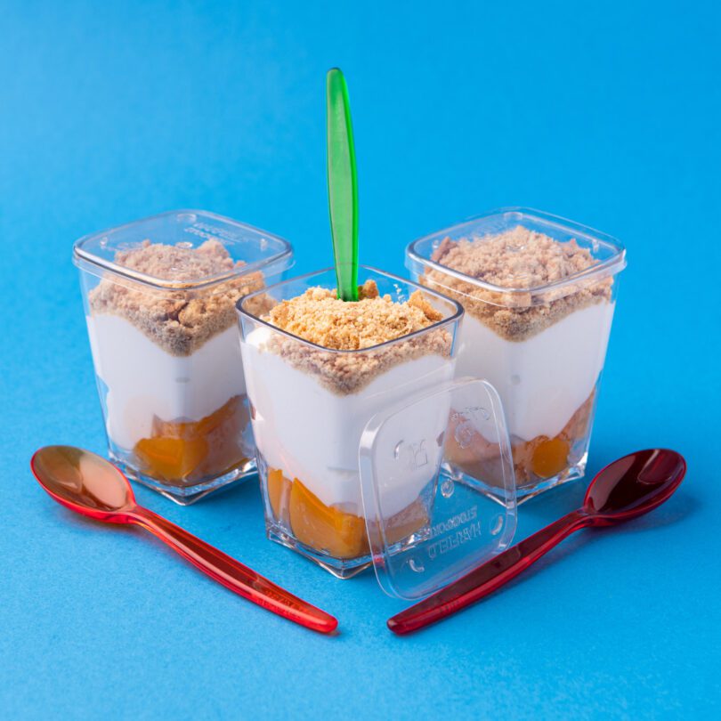 Yoghurt Dessert with reusable plastic teaspoons