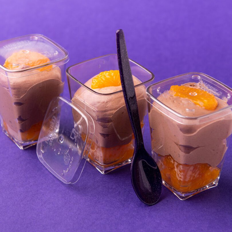 Chocolate Mousse pots with Purple Sparkle Teaspoons