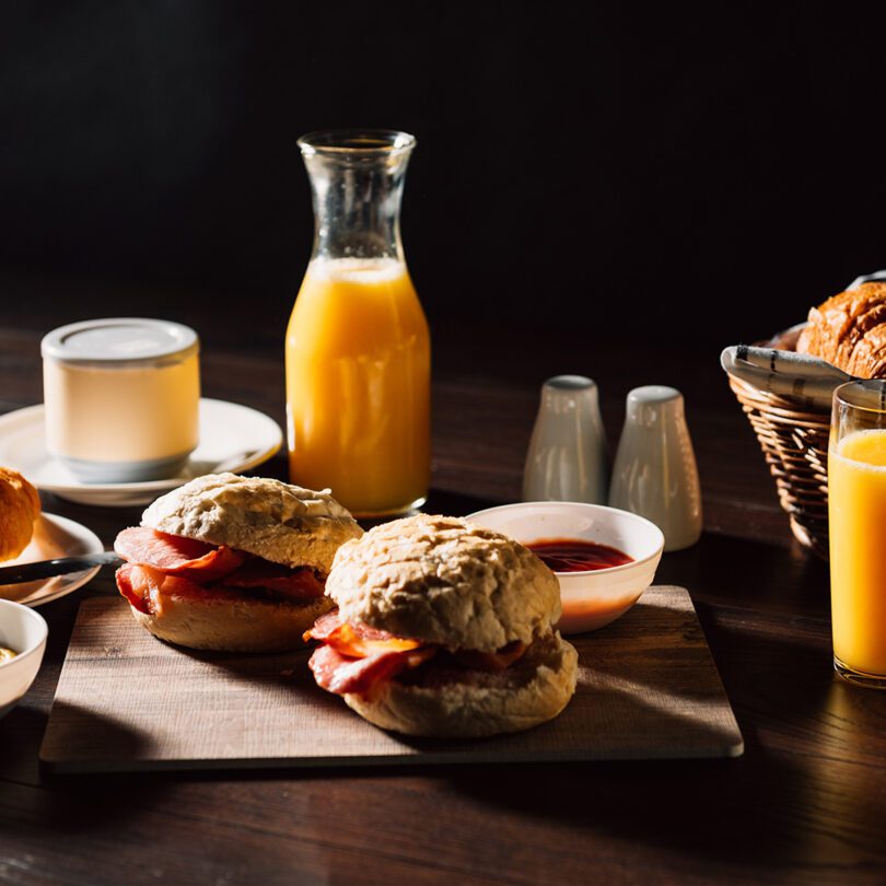 Breakfast served on small vintage food platter