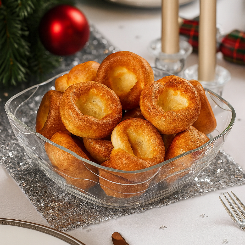 Large Oyster Serving Bowl with Yorkshire Puddings in Christmas Setting