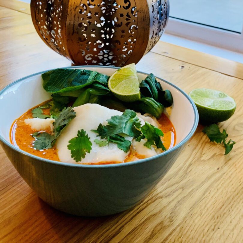 Thai Fish Curry in Sage Green Omada Bowl