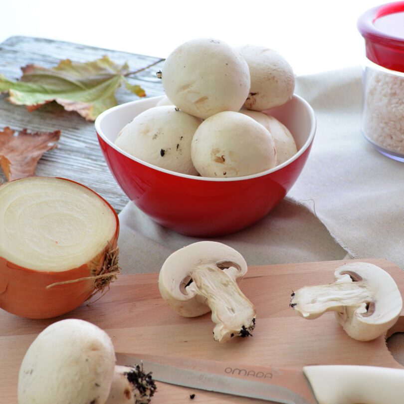 Mushrooms in Red Curved Bowl