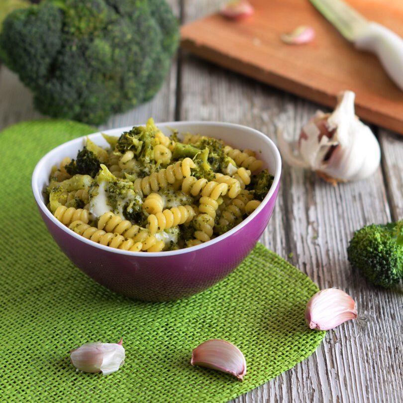 Pasta in Purple Curved Bowl