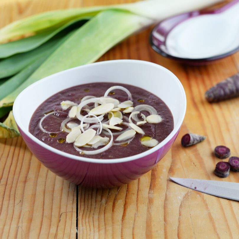 Soup in Purple Curved Edge Bowl