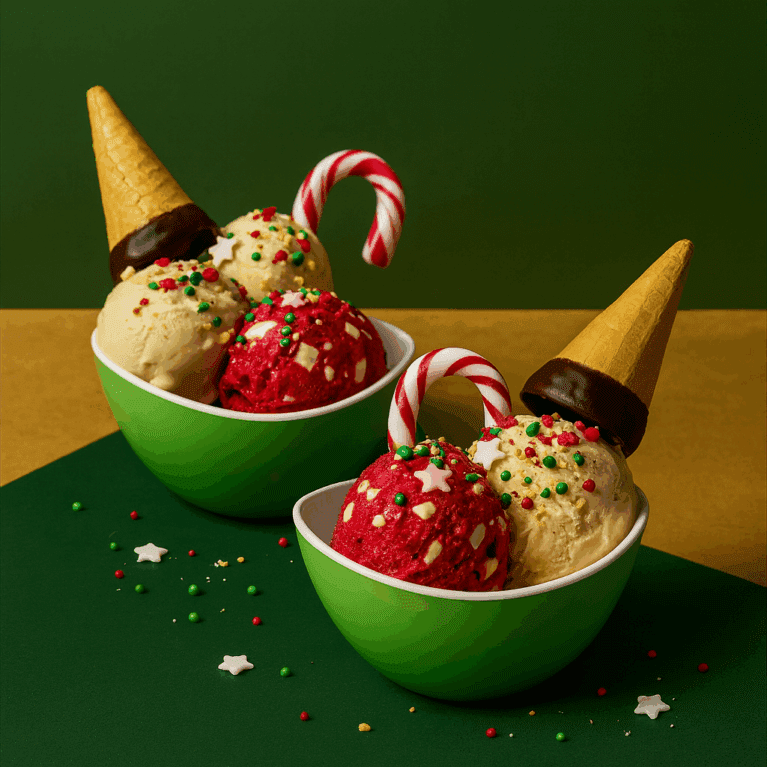 Christmas Themed Ice Cream in Curved Dessert Bowls