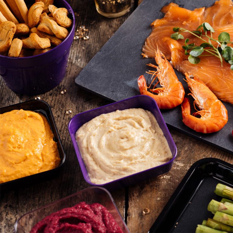 Square Snack Dishes with a selection of dips