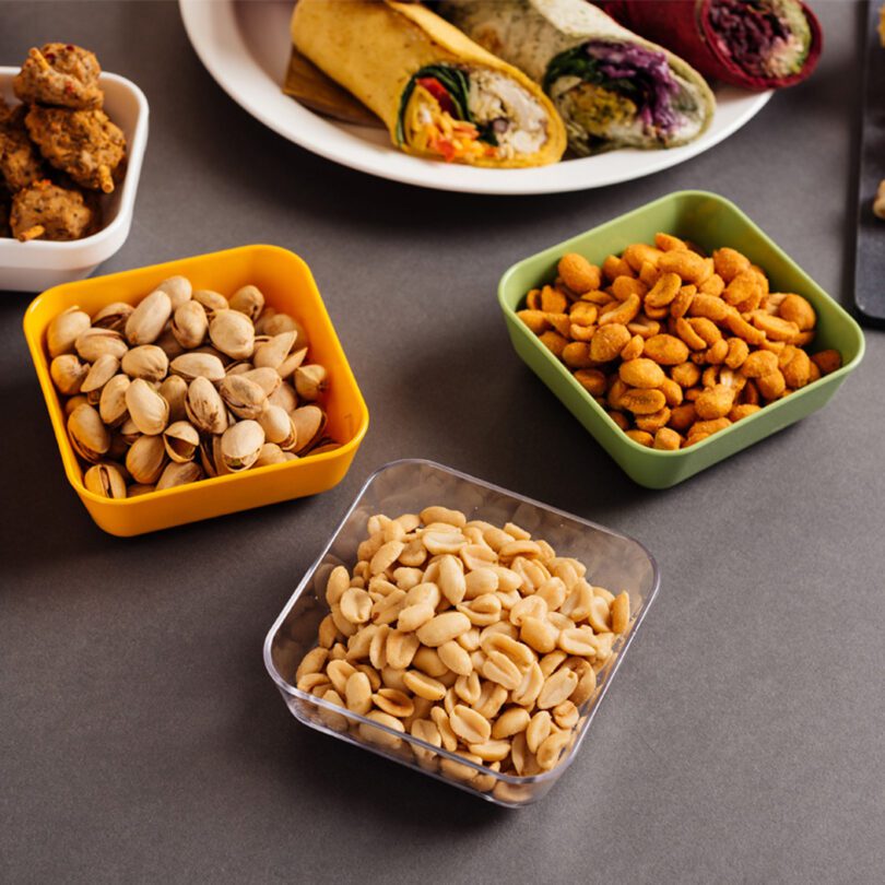 Nibbles in Coloured Square Snack Bowls