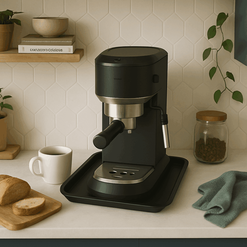 Small Black Display Tray as Worktop Saver with Coffee Machine