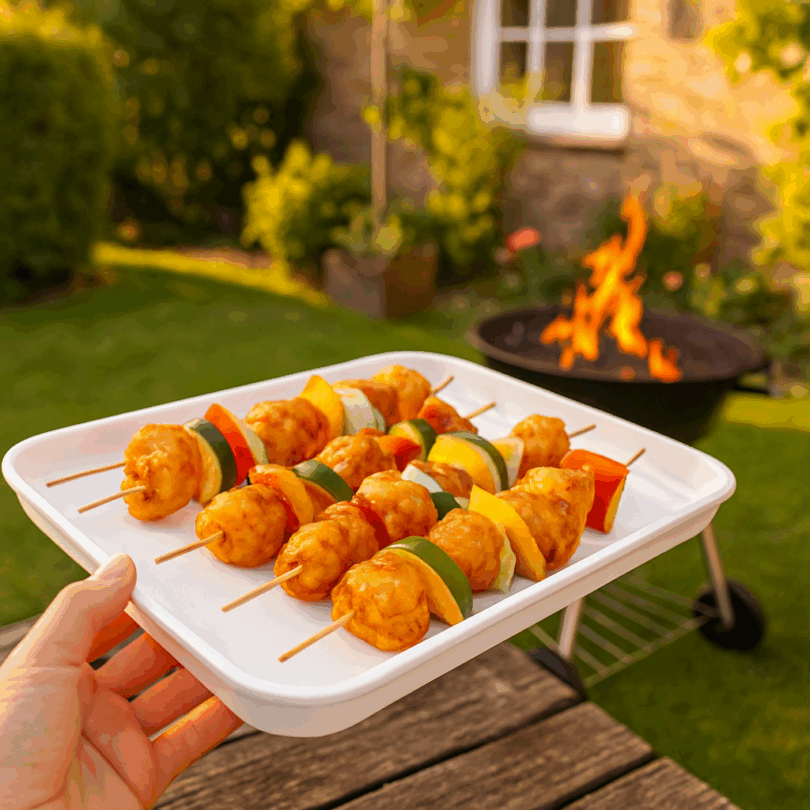 Small White Display Tray with Marinated Meat at BBQ