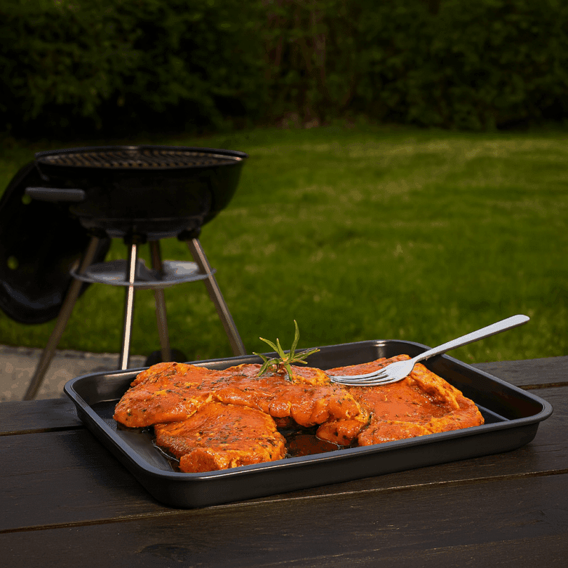 Black Display Tray with Marinated Meat at BBQ