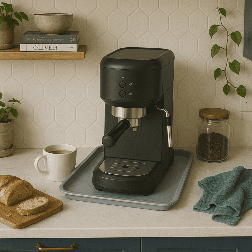 Silver Medium Display Tray as Worktop Saver with Coffee Machine