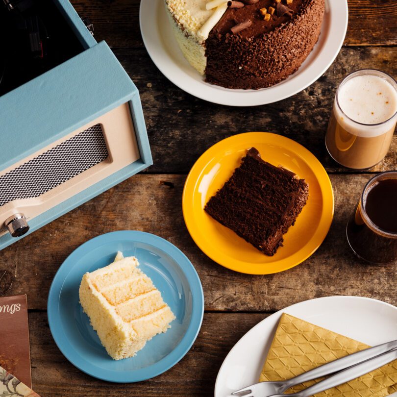 Cake Slices on Small Yellow and Summer Blue Plates