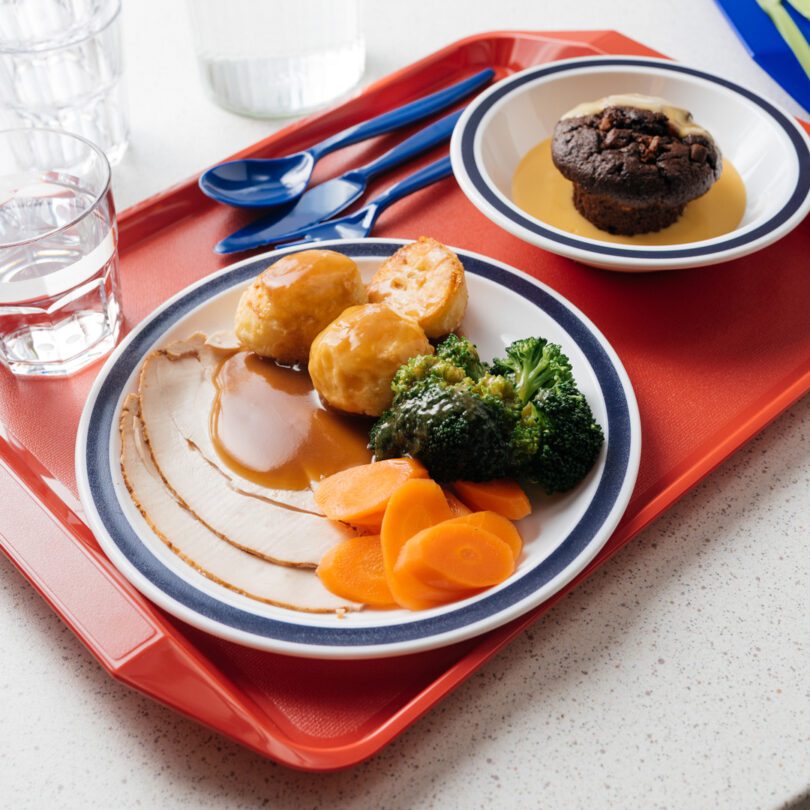 Roast Dinner Served on Red ABS Tray with Handles