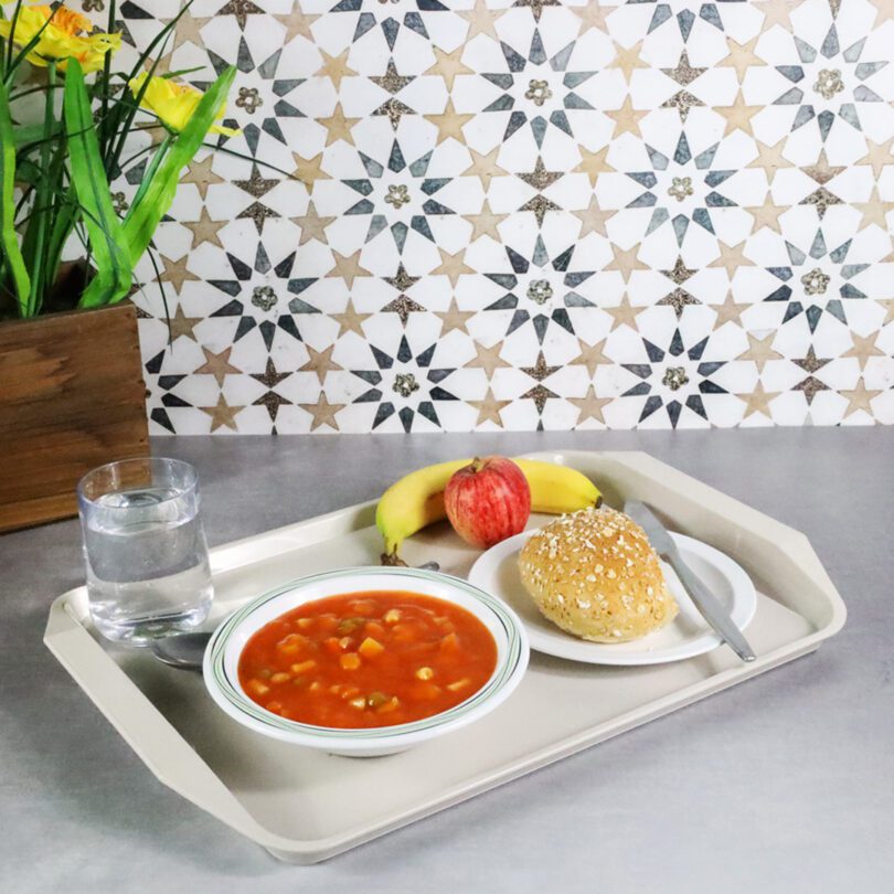 Beige Serving Tray with Soup Lunch