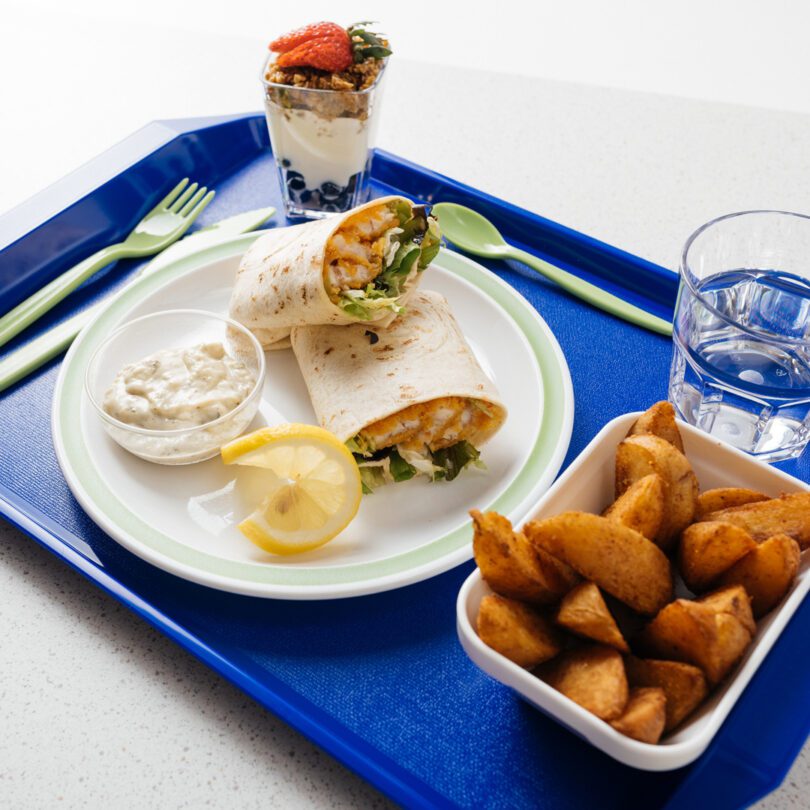 School Lunch on Blue Serving Tray with Handles