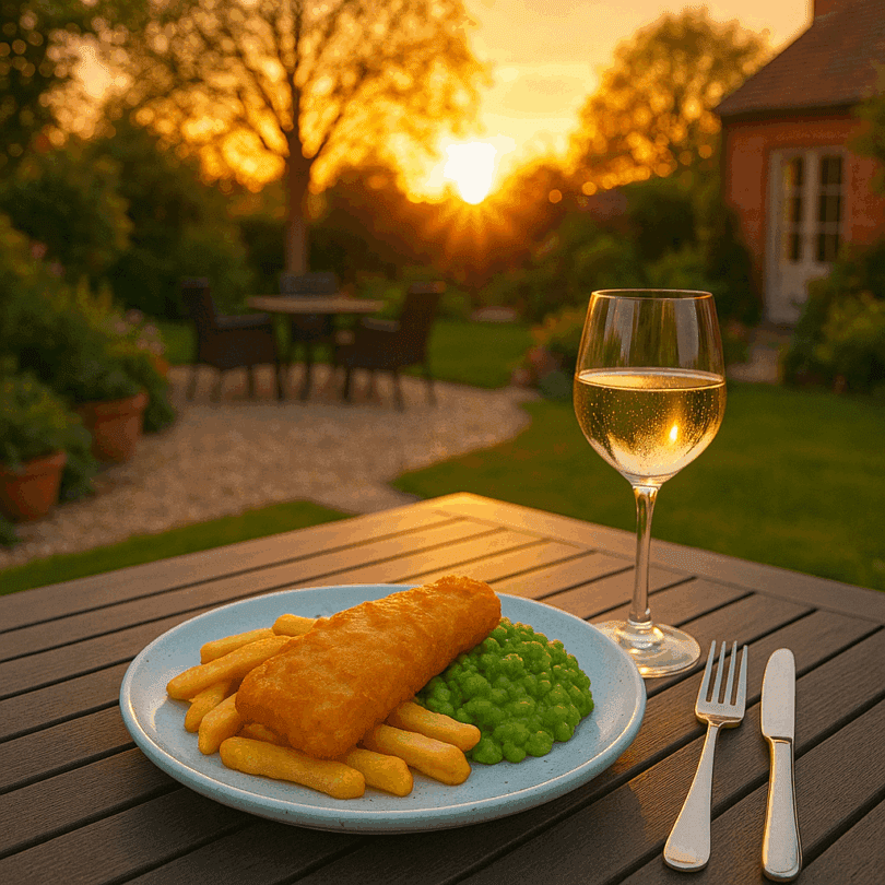 Blue Speckle Walled Plate with Fish and Chips In Garden Setting