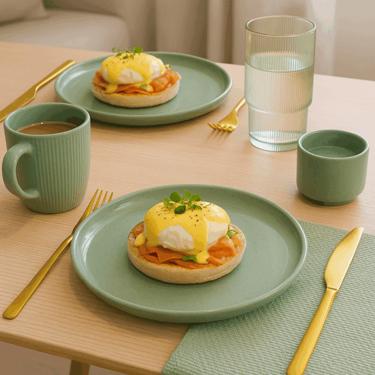Green Speckle Walled Plates with Eggs Benedict at Breakfast Setting