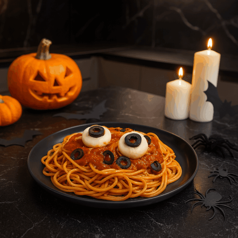 Halloween Themed Pasta on Odyssey Black Walled Plate