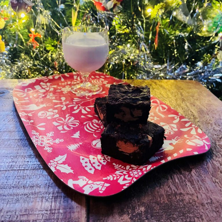 Christmas Print Serving Tray with Milk & Brownies