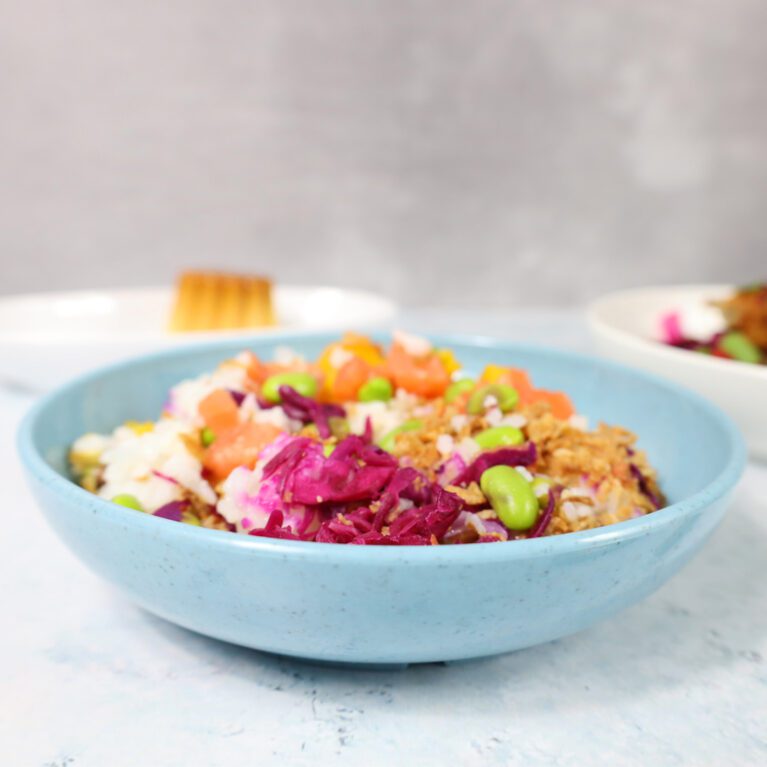 Poke Bowl Served in Blue Speckle Medium Walled Bowl