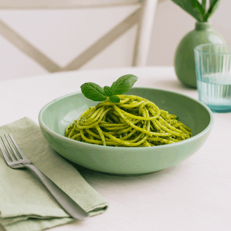Medium Green Speckle Walled Bowl with Pesto Pasta
