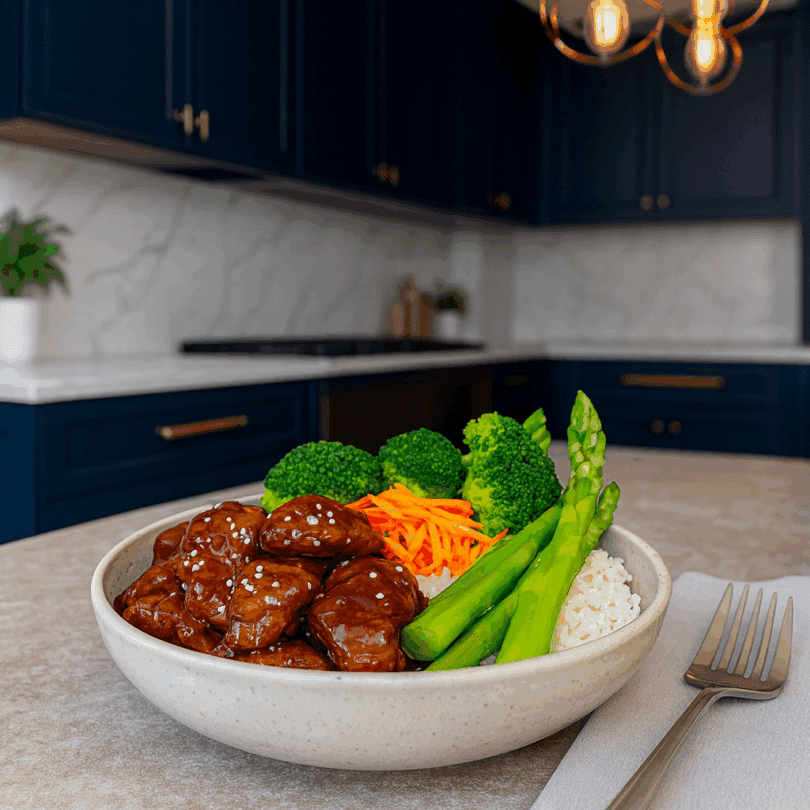 Large Grey Speckle Walled Bowl with Beef and Rice in Kitchen Setting