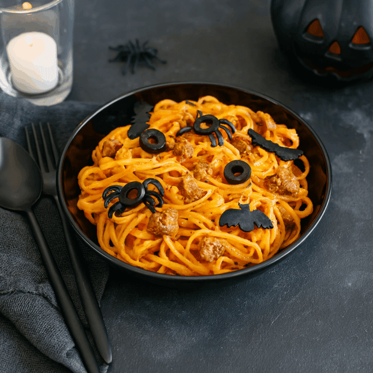 Halloween Themed Pasta in Large Odyssey Black Walled Bowl