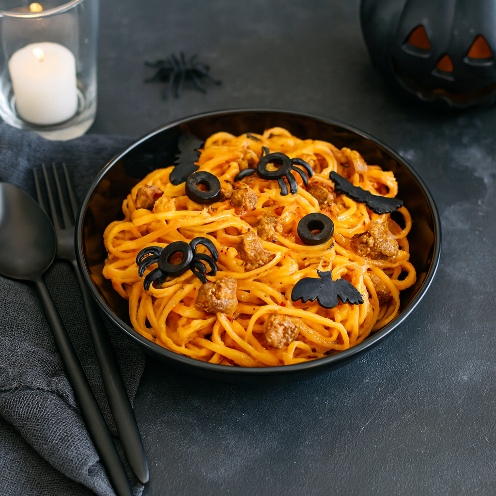 Halloween Themed Pasta in Large Odyssey Black Walled Bowl