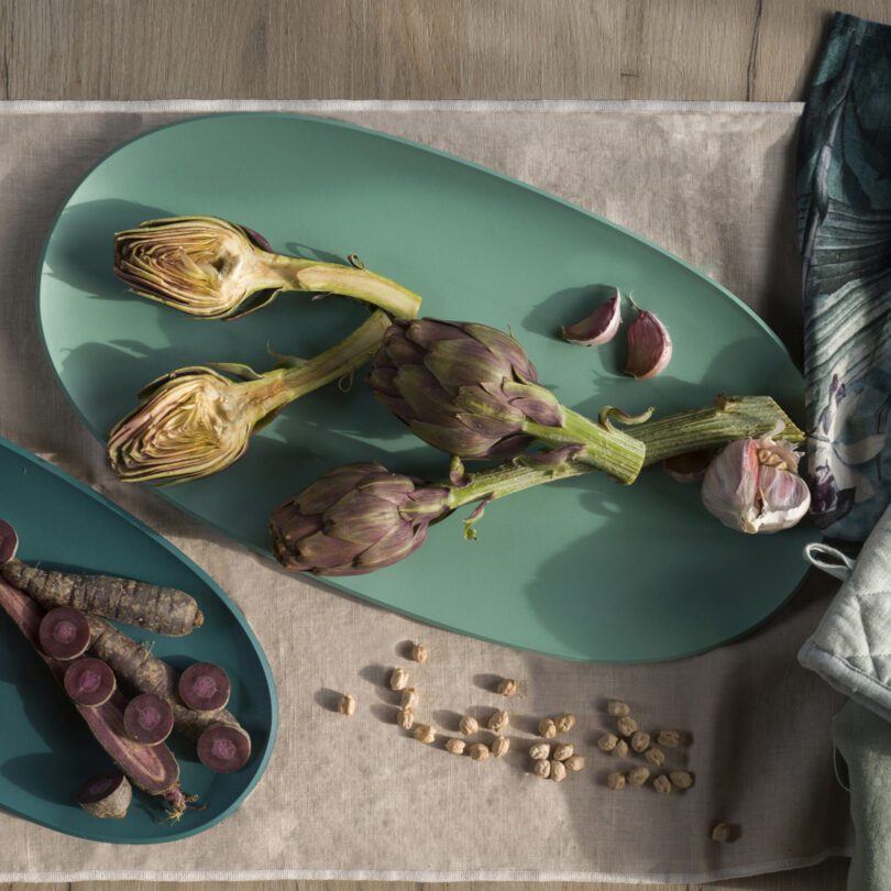 Large Teal Serving Platter with Fresh Vegetable