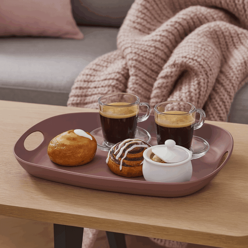 ReAmo Pastel Pink Serving Tray with Coffee and Pastries in Living Room Setting