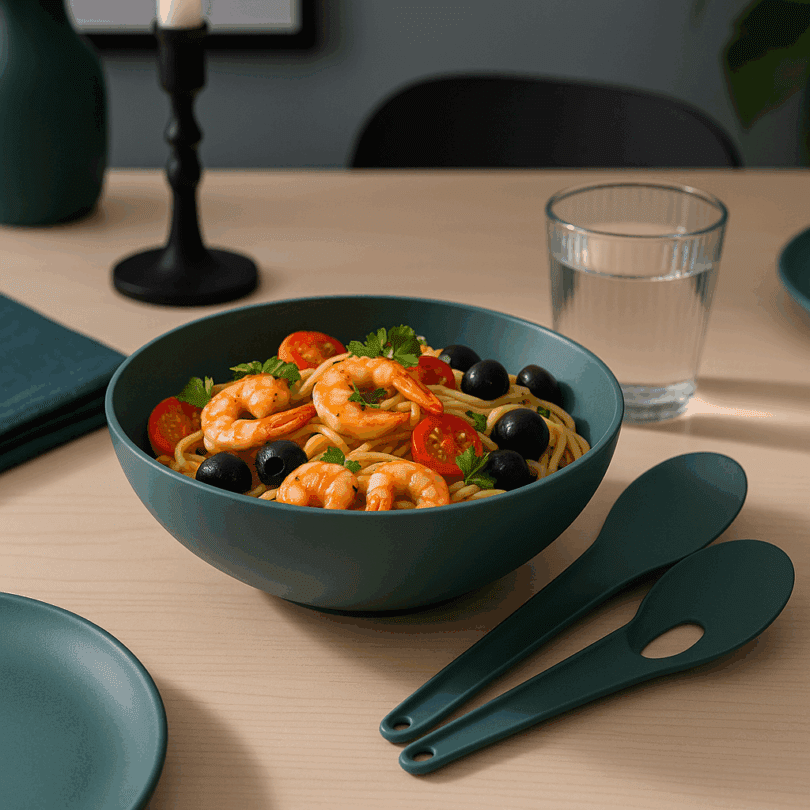 ReAMo Teal Bowl and Servers with Pasta at Dinner Setting