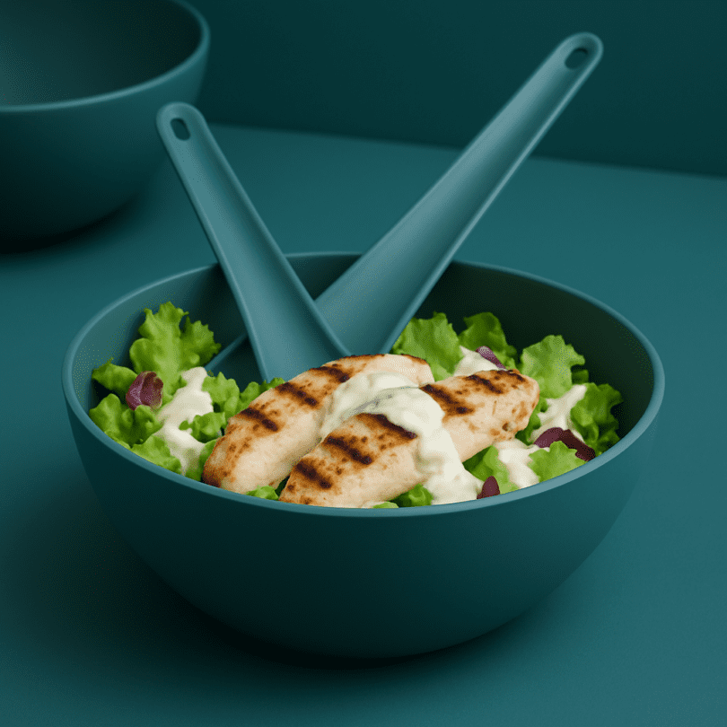 Grilled Chicken Salad with Teal Bowl and Salad Servers